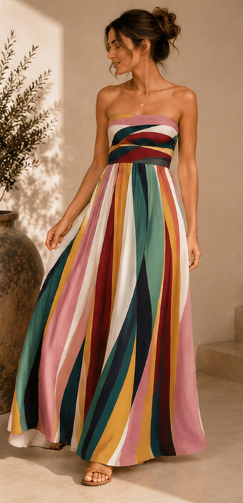 Robe Aurora – Robe Longue Bustier Plissée Multicolore