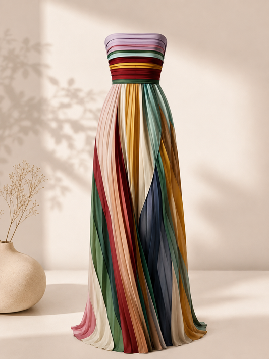 Robe Aurora – Robe Longue Bustier Plissée Multicolore