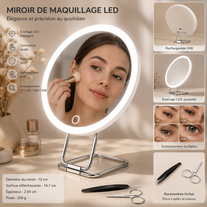 Miroir de Maquillage LED – Grossissement 5X à 30X