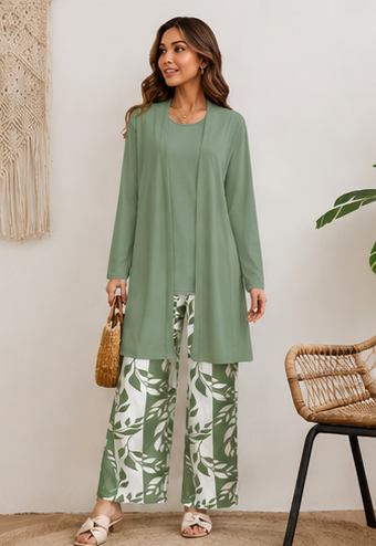 Ensemble Terracotta Bloom – Gilet Long, Débardeur & Pantalon Large
